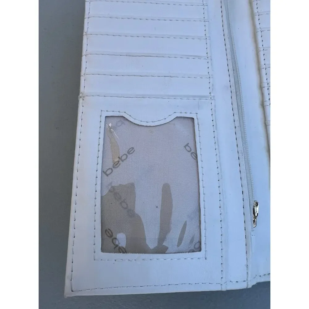 Bebe Embossed Logo White Leather Wallet Wristlet Strap Y2K Clutch